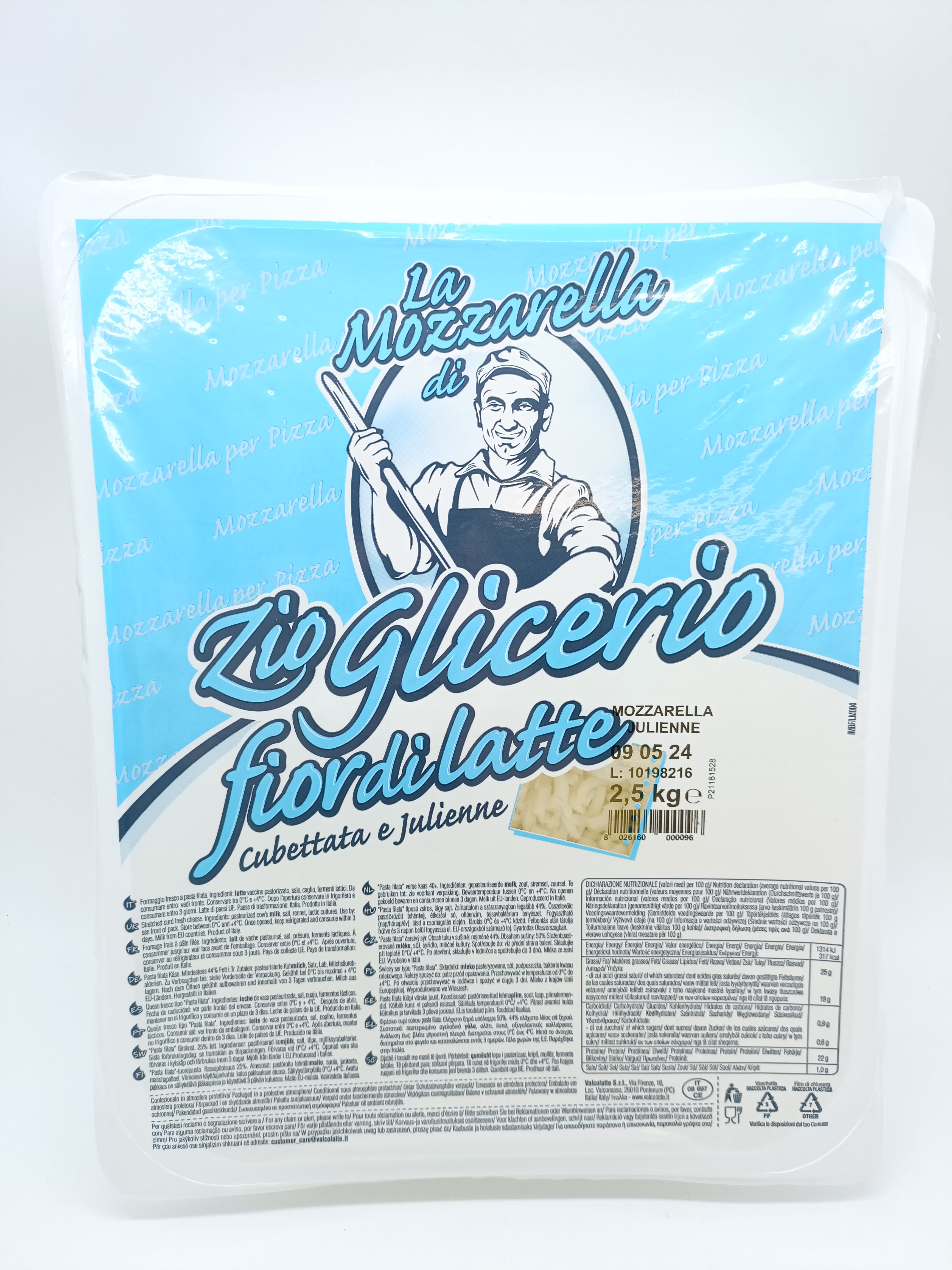 Fromages à pizza Mozzarella Fior di latte Zio juliennes