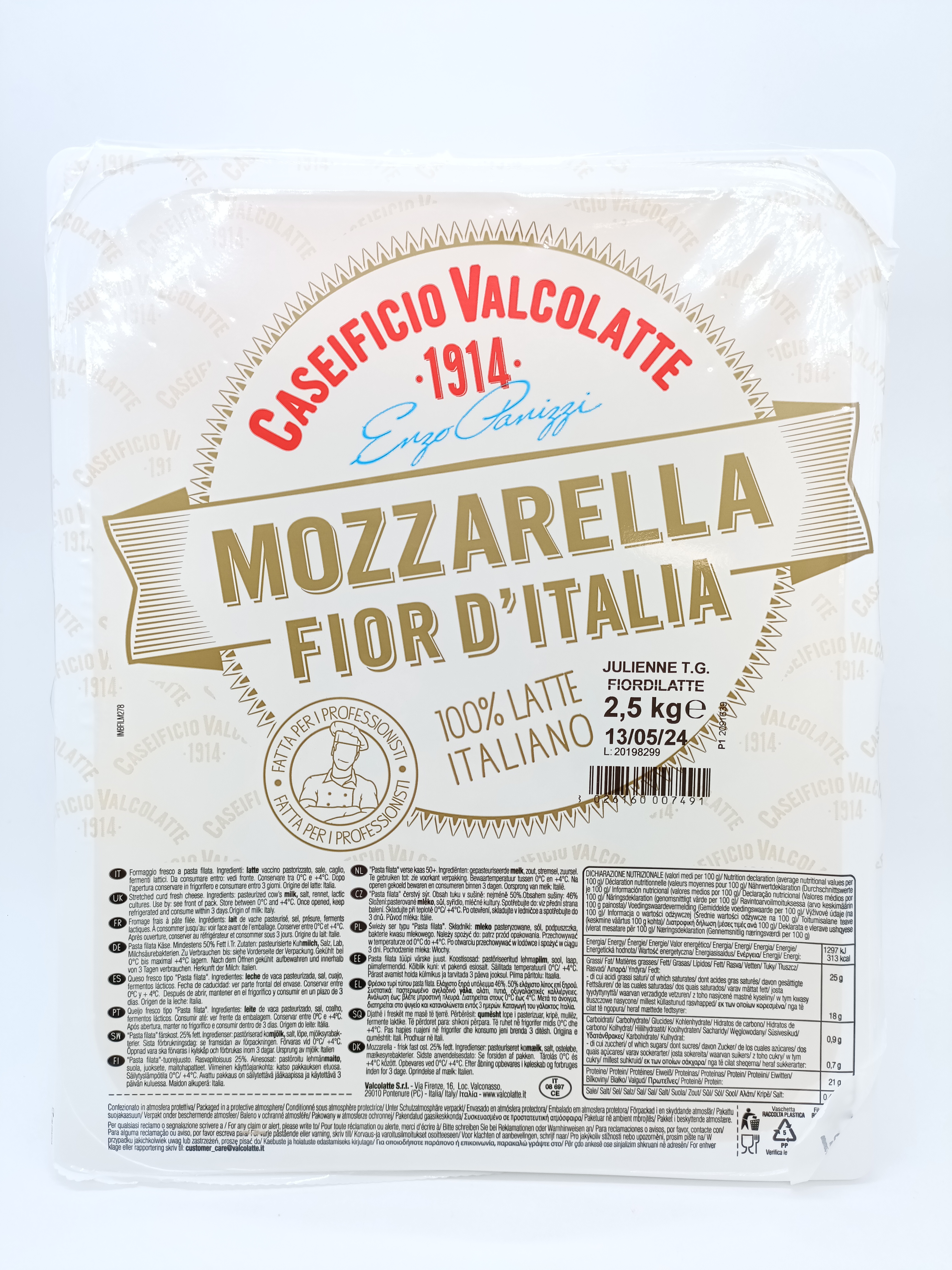Fromages à pizza Mozzarella Fiore d'Italia (Fior di latte) julienne large
100% Italienne